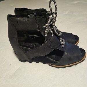 Sorel Joanie Wedge Sandals Size 9 Black Lace Up Leather